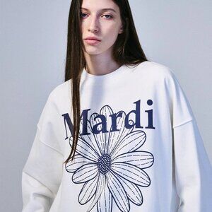 Mardi Mercredi White Sweatshirt 100% Terry Cotton Blue Daisy Print Crewneck- Med